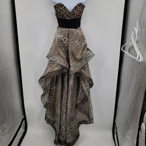 Jovani Leopard Print Tiered High Low Evening Gown Embellished Bodice 6 Prom